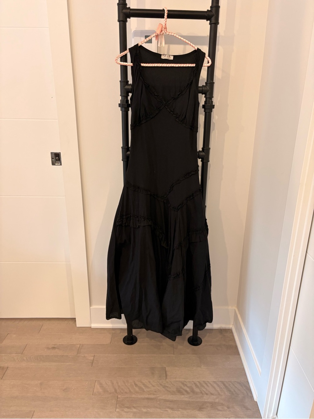 Sleeveless Black Maxi Dress with Ruffle Panels